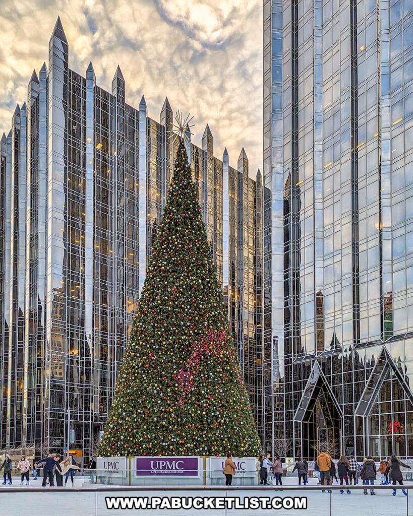 A towering Christmas tree adorned with multicolored lights stands at the center of an ice-skating rink at PPG Place in Pittsburgh, Pennsylvania. Skaters enjoy the winter activity under the open sky, surrounded by the distinctive glass architecture of the high-rise buildings, reflecting the cloudy sky above. The festive atmosphere is accentuated by the large star topping the tree, and the scene captures a quintessential holiday spirit in an urban setting.