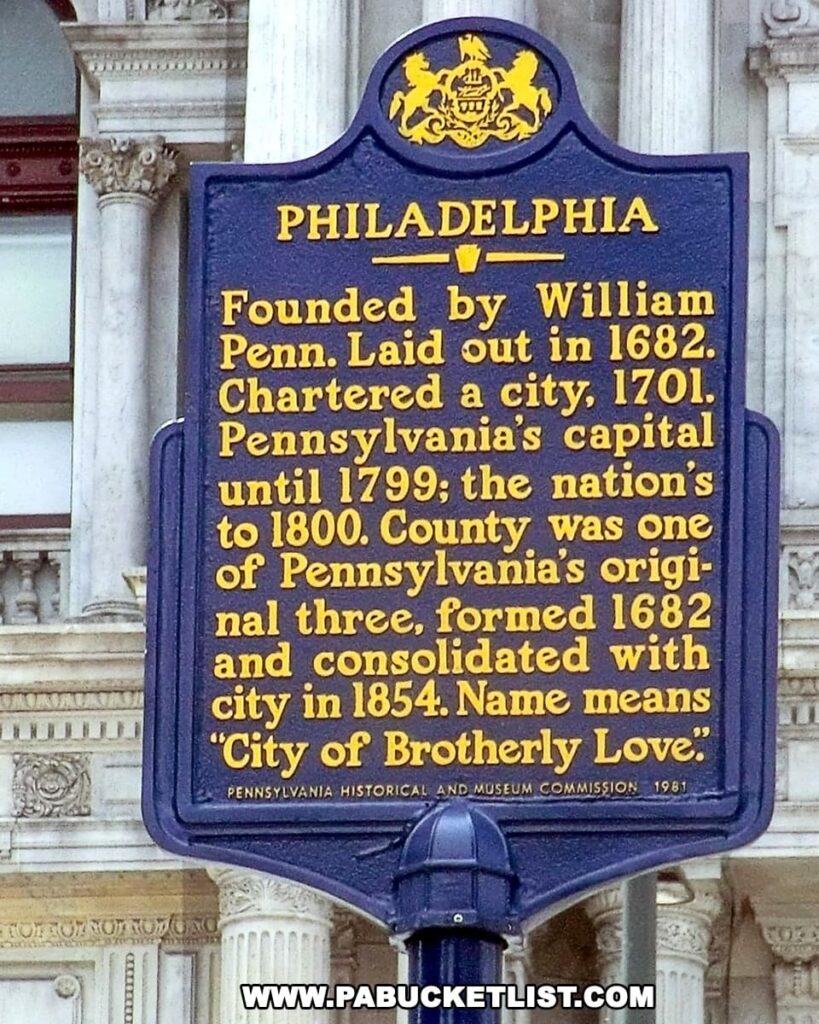 Philadelphia historical marker in front of city hall indicating that Philadelphia County is one of Pennsylvania's three original counties.