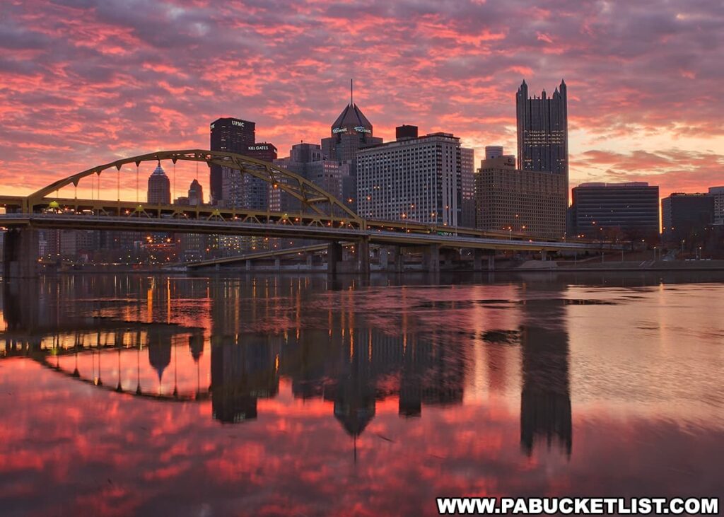 Sunrise over Pittsburgh, Pennsylvania, with the city skyline silhouetted against a vibrant sky of deep oranges and purples. The yellow Fort Duquesne Bridge spans the Allegheny River in the foreground, its reflection shimmering in the calm water. The PPG Place and UPMC buildings are prominent in the cityscape, backlit by the rising sun.
