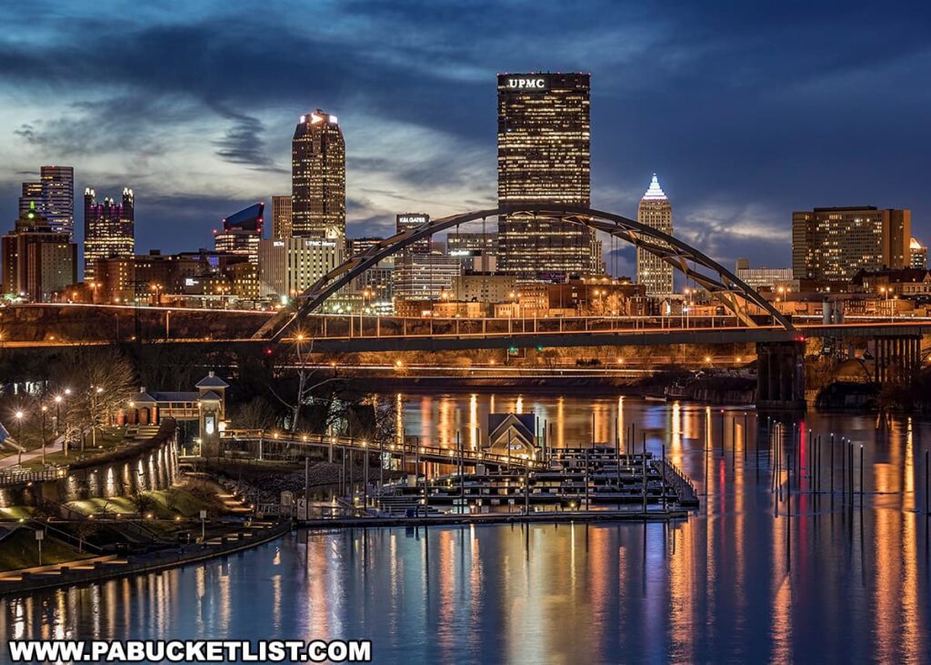 A twilight view of the Pittsburgh skyline with the Monongahela River in the foreground. The city lights are beginning to twinkle as the sky transitions from dusk to night. The Fort Pitt Bridge with its distinctive arch spans the river, and prominent buildings like the UPMC and K&L Gates towers rise against the darkening sky, their reflections shimmering in the water below. The riverfront is tranquil, with a marina and walkways along the water’s edge.