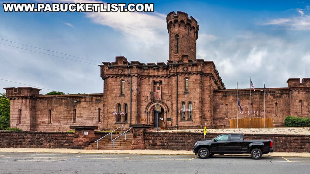 he Schuylkill County Jail in Pottsville, Pennsylvania, is a commanding brownstone structure resembling a castle, with a central round tower and battlements. It stands under an overcast sky, with American flags displayed on poles at the front. In the foreground, a black pickup truck is parked on the street beside the jail's stone wall.