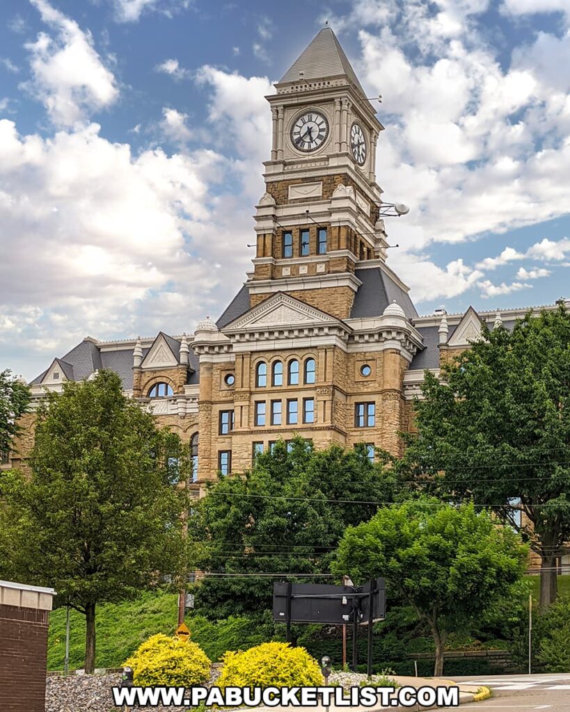 The Schuylkill County Courthouse in Pottsville, Pennsylvania, stands tall with its prominent clock tower reaching into a partly cloudy sky. This historic building features a blend of cream and brown stone, arched windows, and intricate detailing characteristic of 19th-century architecture. In the foreground, lush green shrubbery and bright yellow plants add a pop of color to the scene, with the courthouse set on a hill above street level.