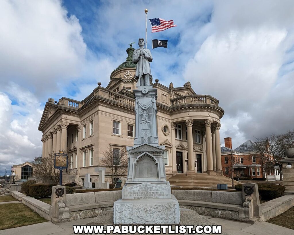 The Somerset County Courthouse in Somerset, Pennsylvania, shown on an overcast day with the American flag and the Pennsylvania state flag flying atop flagpoles. In front of the courthouse is a Civil War monument featuring a soldier statue. The courthouse itself is an elegant building with a central dome and a classical portico with columns. A historical marker is visible to the left of the courthouse steps.
