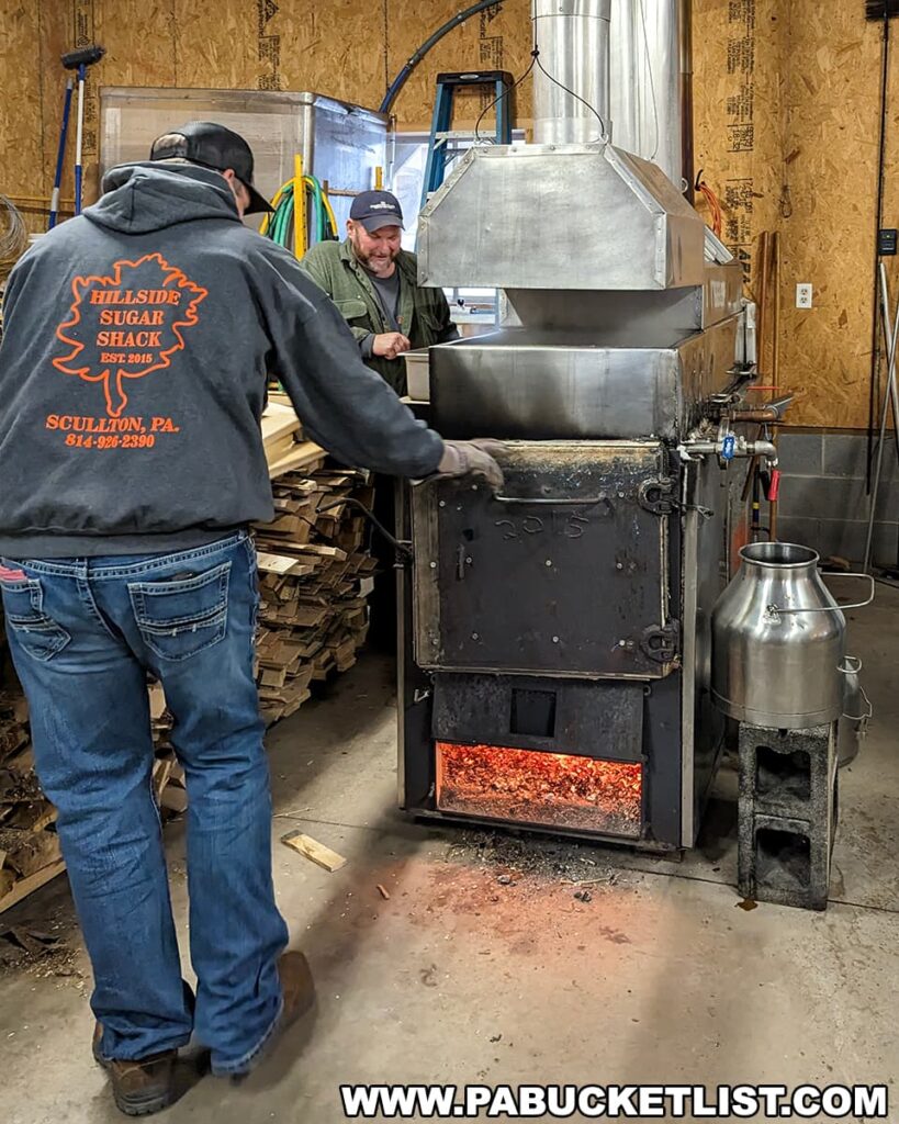 Two men working at the Hillside Sugar Shack during the Somerset County Maple Taste and Tour event. One, with his back to the camera, is wearing a jacket with the sugar shack's logo, stoking the fire in a wood-fired evaporator. The other, smiling and facing the camera, is monitoring the boiling sap. The interior of the shack is lined with wood, and stacked firewood can be seen in the background, highlighting the traditional methods used in maple syrup production.