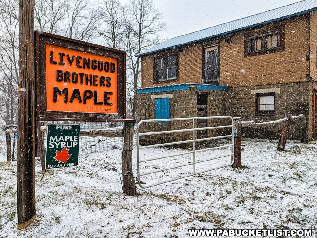 A snowy scene at Livengood Brothers Maple during the Somerset County Maple Taste and Tour event, with a large orange sign featuring the business name in bold black letters. Below the sign, a smaller green placard advertises 'Pure Maple Syrup For Sale Here'. In the background stands a two-story building with stone walls and blue accents, partially covered by the falling snow. A metal gate and wooden fence frame the snowy foreground, enhancing the rustic charm of the setting.