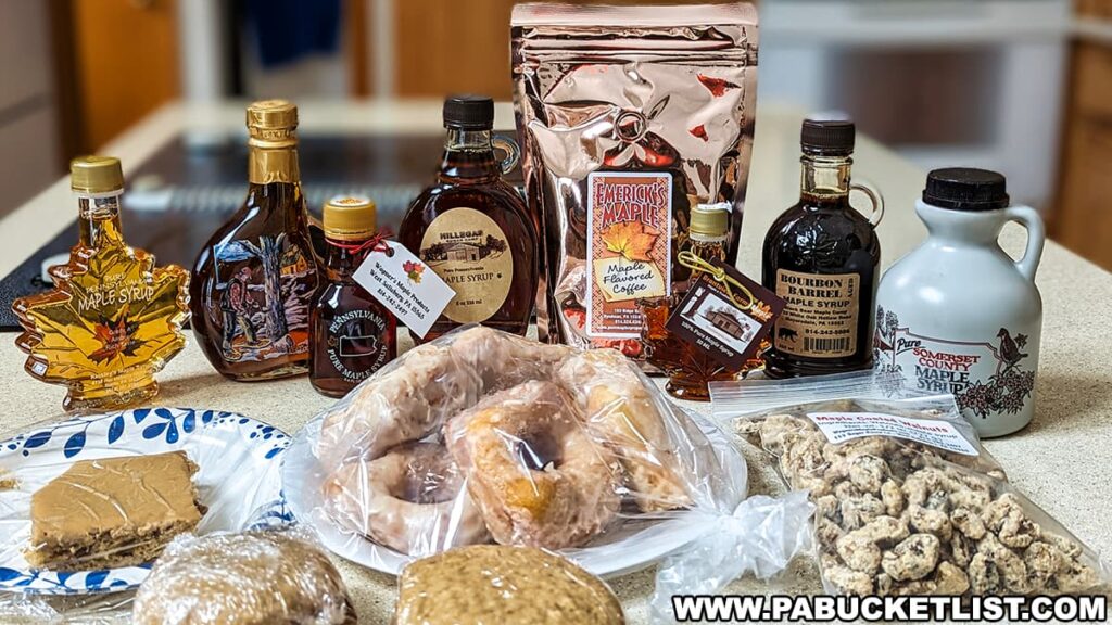 A variety of maple products displayed from the Somerset County Maple Taste and Tour event, including several bottles of pure maple syrup in different shapes and sizes, a bag of maple-flavored coffee, and a bottle of bourbon barrel-aged maple syrup. In the foreground are homemade maple treats, such as maple frosted doughnuts, maple candy, and a maple walnut cookie. Each item is a testament to the rich maple culture of Somerset County.