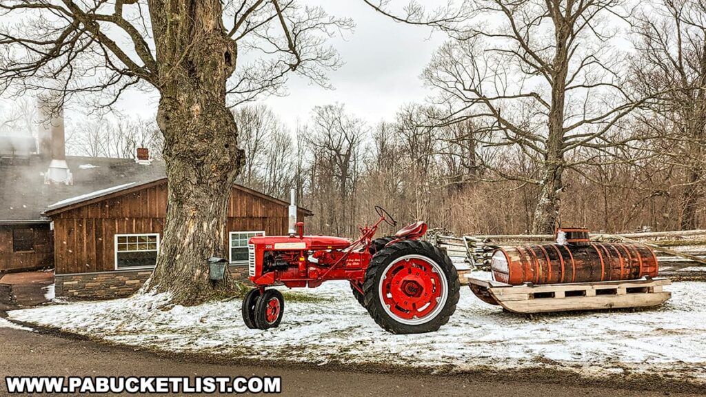 A vibrant red tractor stands in the foreground during the Somerset County Maple Taste and Tour event, with a large, old-fashioned metal sap sled attached to its back. The sled is resting on a wooden pallet, ready for transport. Behind, a rustic sugar shack emits a plume of white smoke, indicating the boiling of maple sap. The scene is set against a backdrop of leafless trees and a dusting of snow, capturing the essence of maple syrup season in Somerset County.