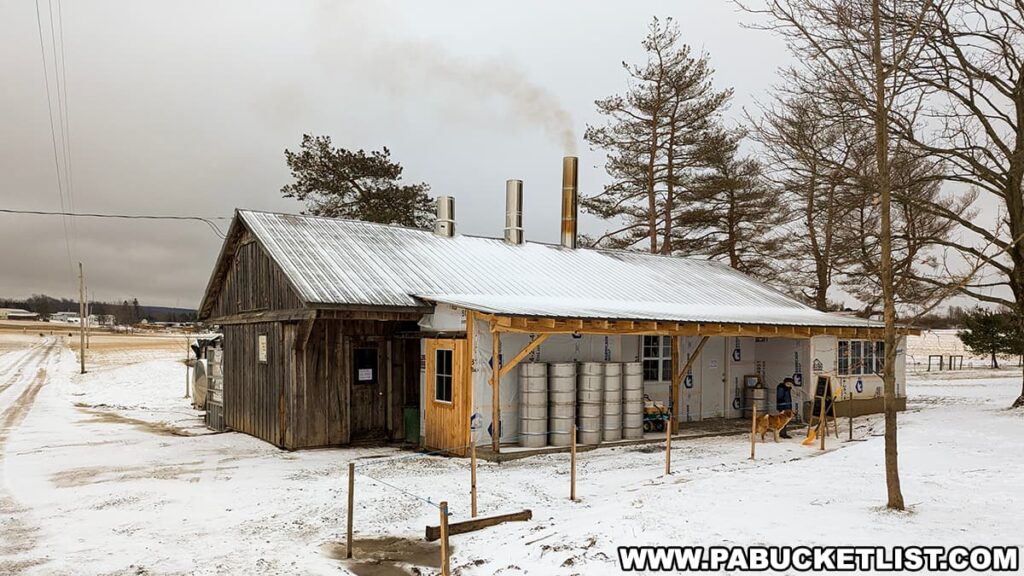 A rustic sugar camp with a corrugated metal roof is pictured during the Somerset County Maple Taste and Tour event. Smoke billows from metal chimneys against a cloudy sky, indicating the boiling process of maple sap. The camp features wooden structures with exposed insulation, lined with silver maple sap buckets. A bare winter landscape surrounds the camp, with a light dusting of snow covering the ground. In the foreground, a golden dog stands attentively next to a tree, adding life to this serene winter scene.