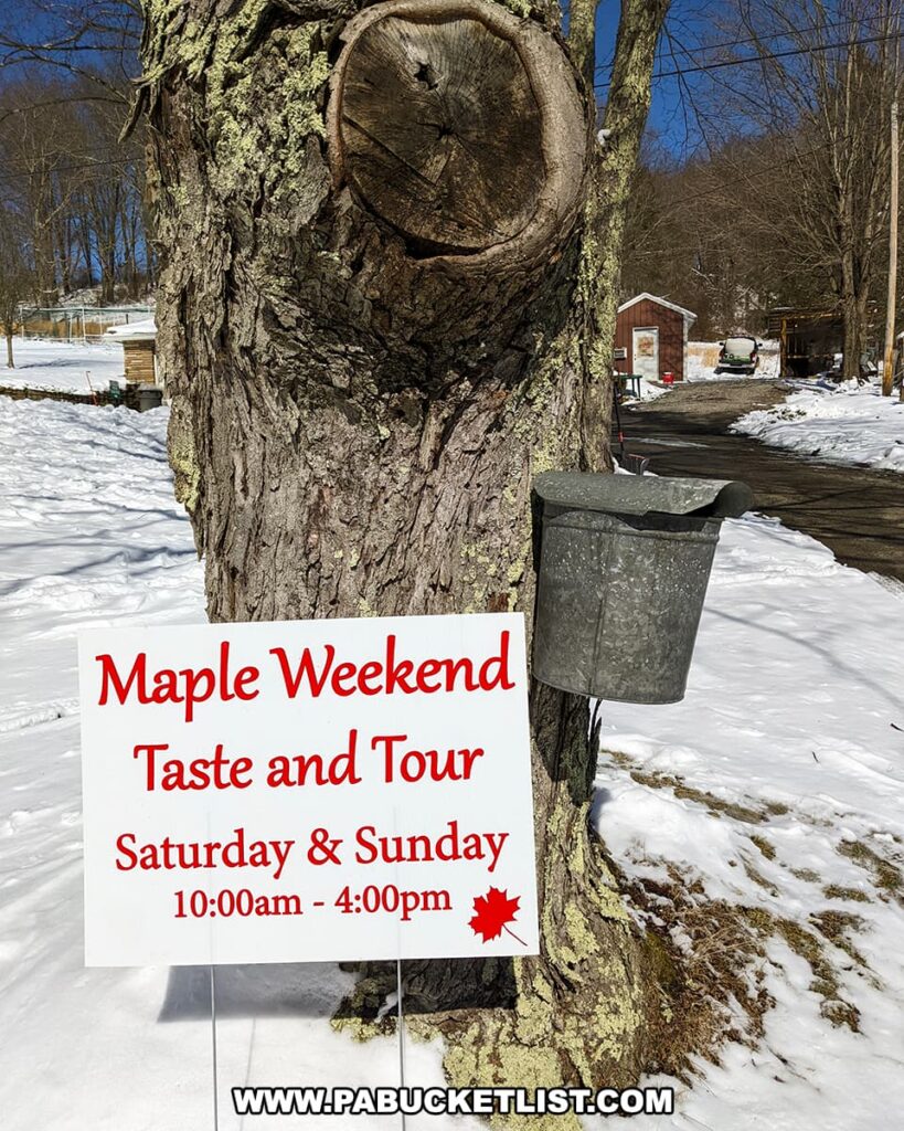 A vivid photograph captures a maple sap collection setup during the Somerset County Maple Taste and Tour event. A mature tree with a textured bark stands prominently in the foreground, featuring a tap and a metal bucket collecting sap. A bright sign is staked into the snowy ground, announcing the 'Maple Weekend Taste and Tour' schedule, set for Saturday and Sunday from 10:00am to 4:00pm with a red maple leaf accent. In the background, a rustic sugar shack is visible, surrounded by a wintery landscape and clear blue skies.