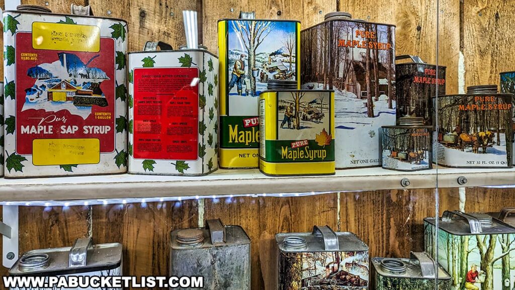 A charming display from the Somerset County Maple Taste and Tour showcases a variety of vintage maple syrup containers. The collection, arranged on wooden shelving, features nostalgic imagery of pastoral scenes, sugar shacks, and traditional sap collecting methods. The colorful tins range in size and are adorned with vibrant illustrations, some with detailed recipes and instructions on the back. The antique aesthetic of the containers reflects the rich history and tradition of maple syrup production in Somerset County.