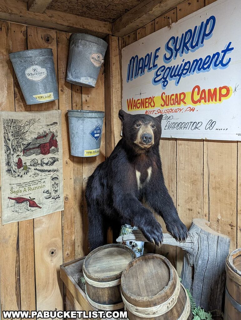 In a rustic setting during the Somerset County Maple Taste and Tour, a life-size black bear statue is playfully positioned as if interacting with the maple syrup production display. It stands beside wooden barrels and sap buckets hung on the wall, creating an immersive historical atmosphere. A vintage illustrated poster reads 'Saps A'Runnin', contributing to the theme. The backdrop is a large sign featuring 'Maple Syrup Equipment' for Wagner's Sugar Camp in West Salisbury, PA, celebrating the local heritage of syrup making.