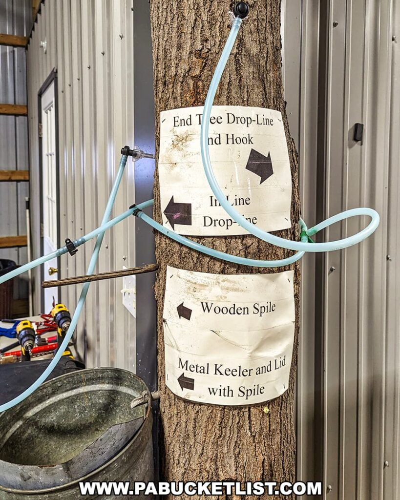 An educational display at the Somerset County Maple Taste and Tour event demonstrates various methods of tapping a maple tree. A tree trunk is fitted with different spiles and tubing, used to channel maple sap. Labels on the trunk indicate 'End Tree Drop-Line', 'Mainline', 'Drop-line', 'Wooden Spile', and 'Metal Keeler and Lid with Spile'. A metal bucket sits at the base to collect sap, set against a backdrop of workshop tools, highlighting the practical aspects of maple syrup production.