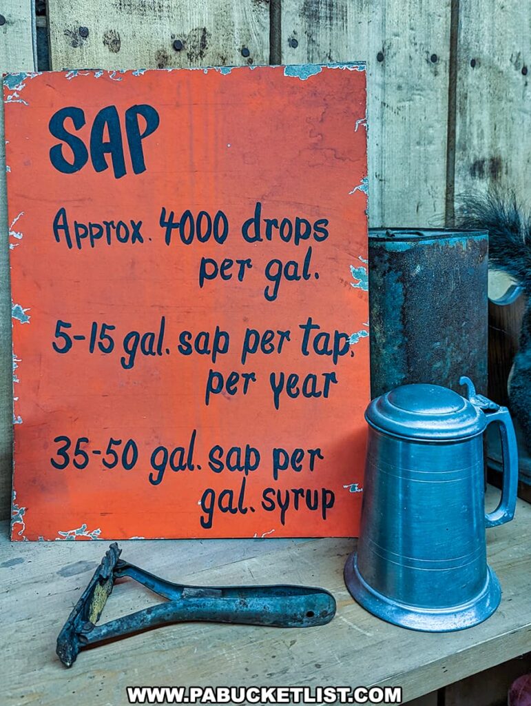 A wooden table with a sign that reads ‘SAP’ on it. Below the word ‘SAP’ is text that says ‘Approx. 4000 drops per gal.’, ‘5-15 gal. sap per tap per year’, and ‘35-50 gal.sap per gal.syrup’. The sign is sitting on a wooden table at the Somerset County Maple Taste and Tour event.