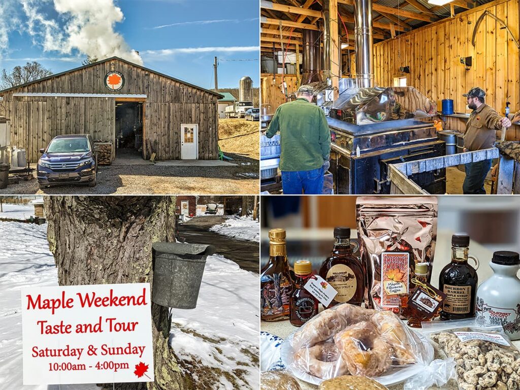 A collage of four images captures the essence of the Somerset County Maple Taste and Tour. The first photo shows a wooden sugar shack with smoke rising from its chimney, indicating the maple syrup production inside. The second image features two individuals working inside the sugar house, monitoring the syrup boiling process on a shiny evaporator. The third picture highlights a maple tree with a sap bucket attached, alongside an event sign promoting the Maple Weekend schedule. Lastly, an array of maple products is displayed, including syrup bottles, pancake mix, and confections, showcasing the delicious outcomes of the syrup-making tradition.