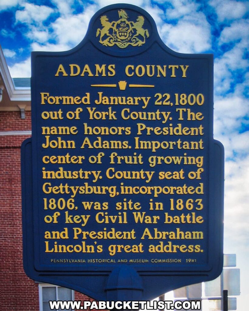 Adams County historical marker in Gettysburg Pennsylvania.