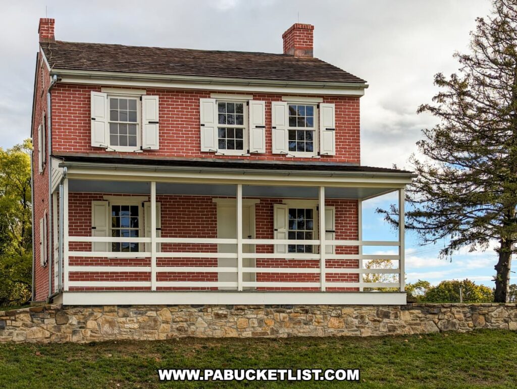 The photo displays the Wisler House near the Battle of Gettysburg First Shot Marker, a two-story brick building with white trim and shutters. The house features a covered front porch supported by white columns, which spans the width of the building. It rests on a foundation of stone masonry, with grassy terrain gently sloping up to the structure. A large conifer tree stands to the right of the house, and the sky behind is overcast, giving the image a somber, historical feel that befits its Civil War significance. The house appears well-preserved, serving as a silent witness to the events of July 1, 1863, when Lieutenant Marcellus E. Jones fired the first shot of the battle.