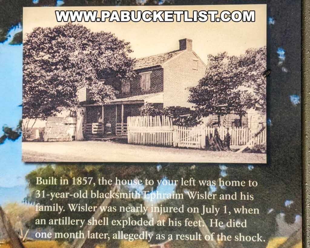 The photo depicts a historic black and white image of the Wisler House, a two-story brick structure with a covered front porch, which stands near the Battle of Gettysburg First Shot Marker. Built in 1857, this house was once the residence of 31-year-old blacksmith Ephraim Wisler and his family. A large tree provides shade in the front yard, and a picket fence borders the property. The caption narrates that Wisler was nearly injured on July 1, when an artillery shell exploded at his feet, and he passed away one month later, with the implication being that his death was a result of the shock from the battle. This photo offers a poignant glimpse into the past, connecting the physical space with the human stories intertwined with the Battle of Gettysburg.