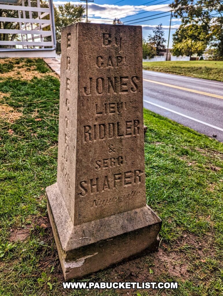 The photo features a close-up of a limestone marker beside a road, engraved with the names of individuals associated with the First Shot at the Battle of Gettysburg. The inscriptions read "BY CAPT. JONES LIEUT. RIDDLER & SERGT. SHAFER," acknowledging the men who played a role in erecting this monument. The marker stands on a grassy area with the road visible in the background, accompanied by power lines and a glimpse of residential homes, placing the historical site in a contemporary setting. The marker acts as a tribute to these figures from the 8th Illinois Cavalry and their contribution to commemorating a significant moment in American history.
