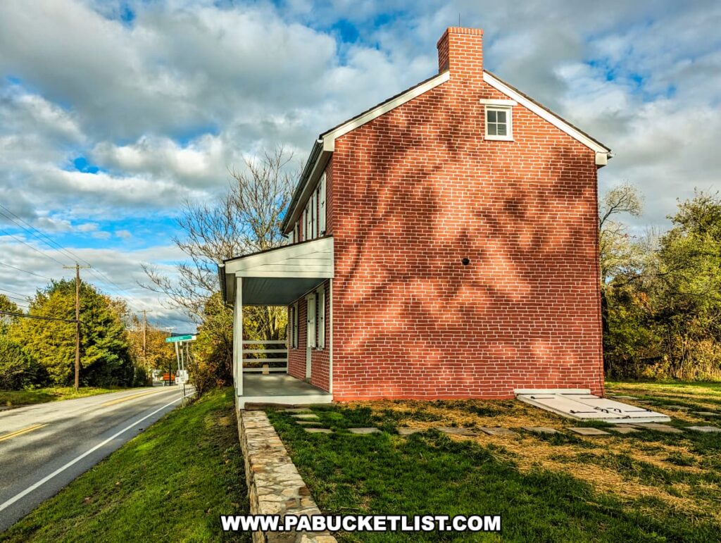 The photo captures the side view of the historic Wisler House, located near the Battle of Gettysburg First Shot Marker along Route 30. The two-story red brick house, with its chimney rising against a partly cloudy sky, is adjacent to the road. A stone path leads up to the covered side porch, and the bright sunlight casts the shadow of a tree onto the building's facade, creating a stark contrast with the red bricks. The scene is quiet and still, reflecting the calm present-day setting of a place that once witnessed the opening act of a pivotal Civil War battle.
