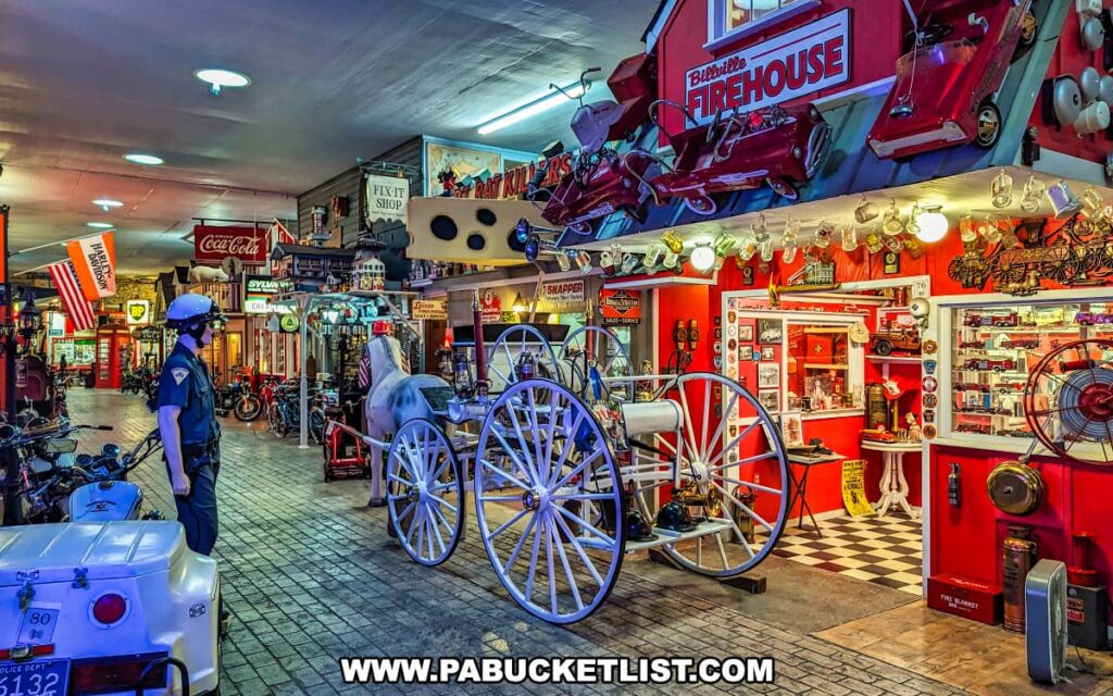Inside Bill's Old Bike Barn museum in Bloomsburg, Pennsylvania, an array of fire-fighting memorabilia creates a striking exhibit. A full-sized vintage firehouse cart with white and red wheels is displayed prominently in the foreground. The surrounding area is a vibrant tribute to Americana, with a life-sized figure of a policeman standing next to a police motorcycle. The walls are adorned with iconic branding, including a Coca-Cola sign and a red wall labeled "Billville FIREHOUSE." Classic gas station brands like BP and vintage bicycles elevate the nostalgia. The floor is a checkerboard of white and black tiles, leading to a colorful collection of vintage signs, lights, and license plates overhead. The scene captures a vivid and detailed homage to vintage Americana and the rich history of fire-fighting equipment.
