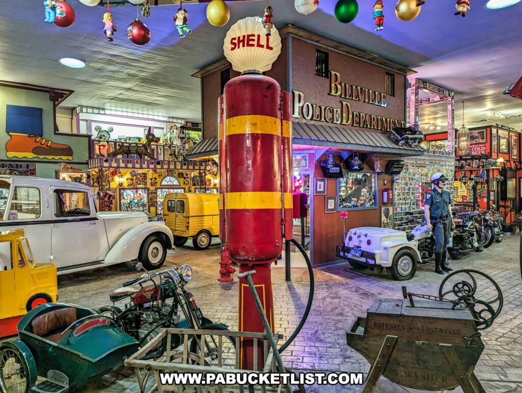 Inside Bill's Old Bike Barn museum in Bloomsburg, Pennsylvania, a colorful and densely packed display area captures the essence of a bygone era. A vintage white car with black trim shares the floor with a yellow school bus and motorcycles, including one with a sidecar. An old-fashioned gas pump branded with 'Shell' stands out in red and yellow. Overhead, festive decorations dangle, adding a playful contrast. The "Billville Police Department" sign anchors a backdrop filled with police memorabilia, while antique toys and collectibles populate the shelves, creating a vibrant tableau of Americana.