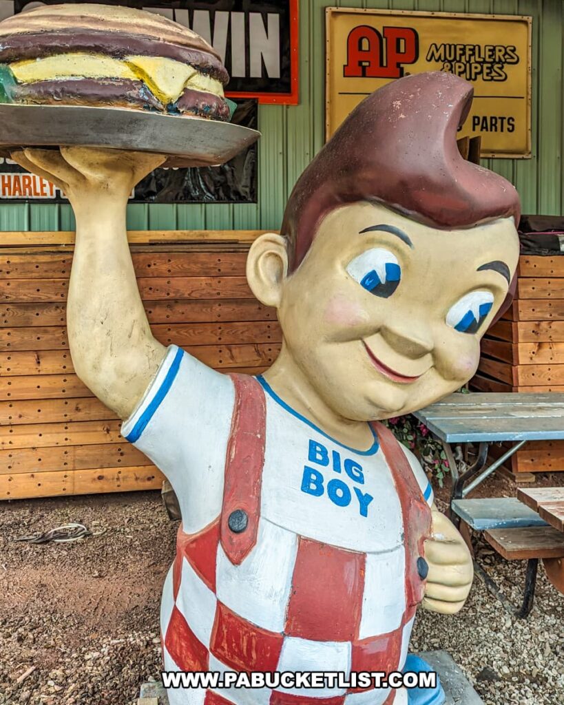 A large, vintage 'Big Boy' restaurant statue is cheerfully displayed outside at Bill's Old Bike Barn museum in Bloomsburg, Pennsylvania. The iconic character is depicted with a red and white checkered overalls with the words 'BIG BOY' across his chest. He has a wide, friendly smile and is holding up an oversized, layered hamburger on a tray above his head. His dark hair is styled with a distinctive, tall front wave. In the background, there are vintage signs, including one for Harley-Davidson motorcycles and another advertising AP mufflers and pipes. The setting suggests a nostalgia-filled homage to classic American diner culture and roadside attractions.