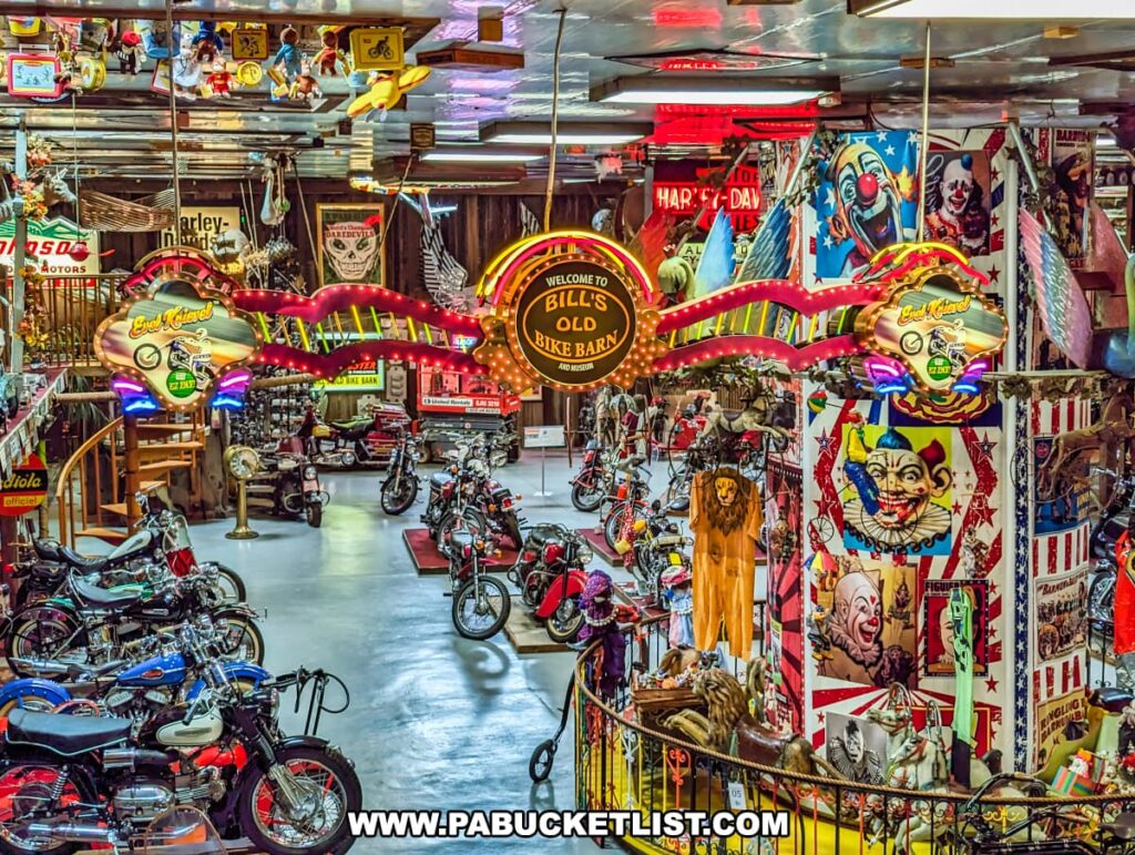 A vibrant and eclectic display from Bill's Old Bike Barn museum in Bloomsburg, Pennsylvania, featuring a collection of motorcycle history and circus-themed memorabilia. A brightly lit neon sign for Evel Knievel is the centerpiece, flanked by an array of vintage motorcycles on the floor. Suspended from the ceiling are toys, signs, and motorcycle parts, while the walls are adorned with clown motifs, Americana decor, and Harley-Davidson signage. The environment is rich with visual stimuli, capturing the spirit of classic motorcycle stunts and vintage entertainment.