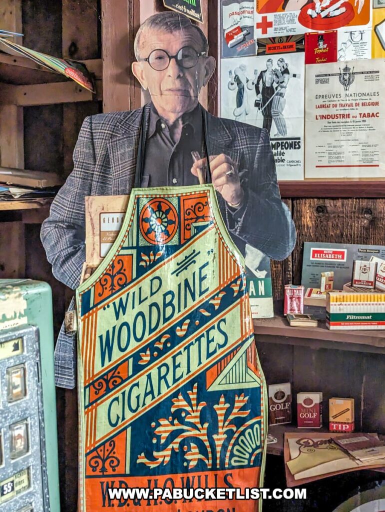 In Bill's Old Bike Barn museum in Bloomsburg, Pennsylvania, there's a vintage advertising display featuring a life-sized cardboard cutout of George Burns holding a cigar, positioned behind an antique 'Wild Woodbine Cigarettes' sign. Surrounding this are various old-fashioned tobacco-related products and advertisements, including boxes of cigarettes and promotional posters, creating a tableau reminiscent of early 20th-century advertising. The collection serves as a cultural snapshot, evoking the era when such endorsements were common.