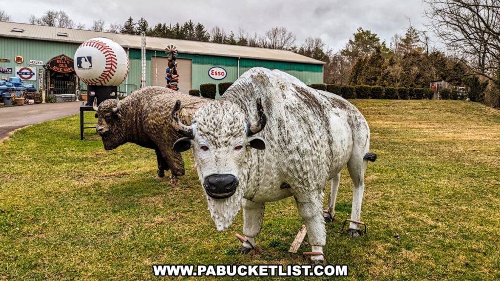In the outdoor area of Bill's Old Bike Barn museum in Bloomsburg, Pennsylvania, two life-size buffalo statues stand prominently on the lawn. The buffaloes have textured coats with one being predominantly dark brown and the other white, both looking lifelike with detailed features and horns. Behind them, an oversized baseball with red stitching suggests a theme of American pastimes. The museum building in the background displays a variety of signs, including a large Esso gasoline logo, adding to the roadside attraction feel of the venue. The scene is a playful nod to Americana and the eclectic collection that awaits visitors inside the museum.