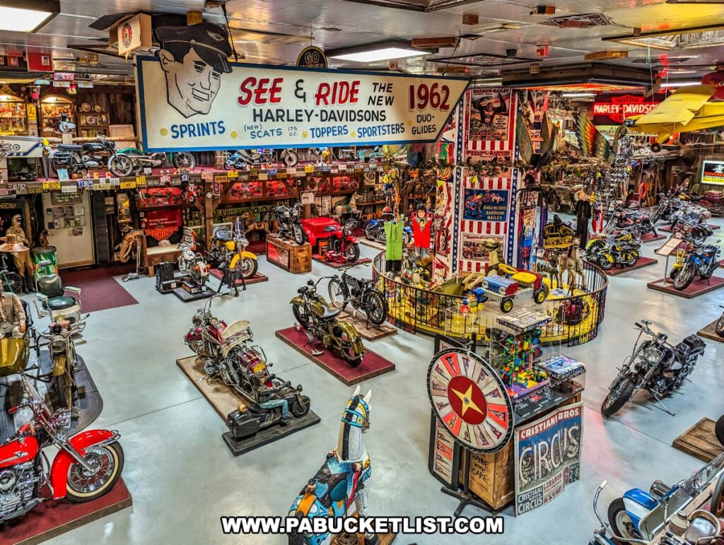 An elevated view of the main exhibit room at Bill's Old Bike Barn museum in Bloomsburg, Pennsylvania, showcases a vast and varied collection of motorcycle memorabilia. The room is filled with motorcycles of different eras and styles, including classic Harleys, displayed on stands and pedestals. A large vintage sign overhead invites visitors to "See & Ride the Harley-Davidsons," dating back to 1962. Memorabilia, including circus posters, Americana artifacts, and neon signs, adorn the walls and shelves, creating a rich tapestry of motorcycle culture. The museum offers a visually dense and historically rich environment for enthusiasts and visitors alike.