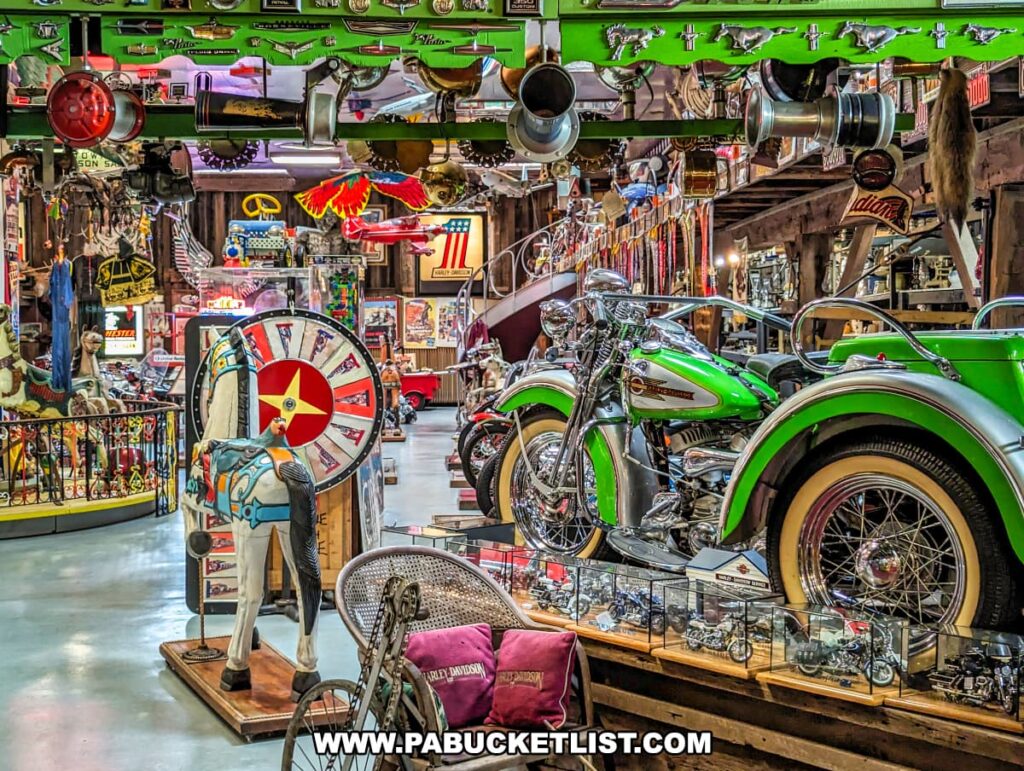 An interior view of Bill's Old Bike Barn museum in Bloomsburg, Pennsylvania, displaying a vibrant collection of vintage motorcycles and carnival memorabilia. A bright green vintage motorcycle takes center stage, with its glossy finish and intricate design. Above, an array of carnival artifacts, including carousel horses and colorful circus decorations, hang from the ceiling. The walls and shelves are lined with more collectibles, contributing to the rich tapestry of the museum's nostalgic celebration of American motor and carnival history.
