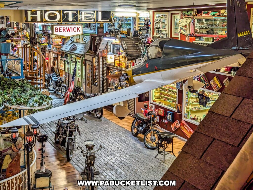 An elevated view of a display within Bill's Old Bike Barn museum in Bloomsburg, Pennsylvania, showcasing a model airplane with a wingspan extending across the frame, alongside vintage motorcycles and an array of memorabilia. The "HOTEL BERWICK" sign looms above a meticulously recreated street scene that includes miniature storefronts and additional collectibles. This exhibit encapsulates the museum's celebration of historical artifacts and Americana.