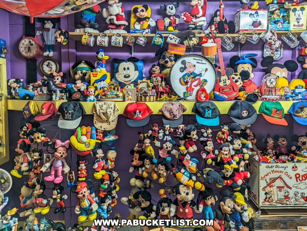 The image features a vibrant wall display filled with an extensive collection of vintage Disney memorabilia at Bill's Old Bike Barn museum in Bloomsburg, Pennsylvania. The collection includes numerous plush toys of Mickey Mouse and friends in various sizes and outfits, Disney-themed clocks, lunch boxes, hats, and musical instruments. The arrangement on the purple wall creates a visually stimulating exhibit that celebrates the enduring legacy and charm of Disney characters.