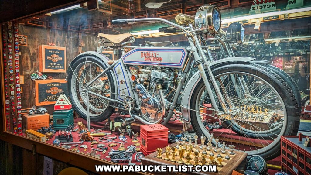Displayed in a glass case at Bill's Old Bike Barn museum in Bloomsburg, Pennsylvania, is a vintage Harley-Davidson motorcycle surrounded by an array of memorabilia. The classic bike, with its distinctive gas tank adorned with the Harley-Davidson logo, sits proudly among vintage tins of Mobil oil, miniature bike models, and other assorted motor-related collectibles. The background features wall-mounted displays of genuine Harley-Davidson parts and accessories advertisements, capturing the spirit of the historic American motorcycle brand.