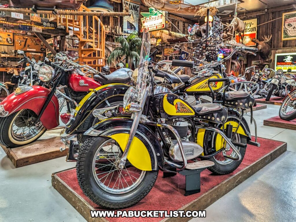 A vivid display of classic Indian motorcycles at Bill's Old Bike Barn museum in Bloomsburg, Pennsylvania, with a duo of brightly colored bikes taking the spotlight. The foremost motorcycle features a striking yellow and black color scheme with the iconic Indian head logo on its fuel tank, showcased on a platform with a red carpet. Behind it, a red Indian motorcycle adds depth to the scene. The bikes are set against a rustic backdrop filled with motorcycle memorabilia, vintage signs, and other antique items, creating a rich atmosphere that celebrates the heritage of American motorcycling.