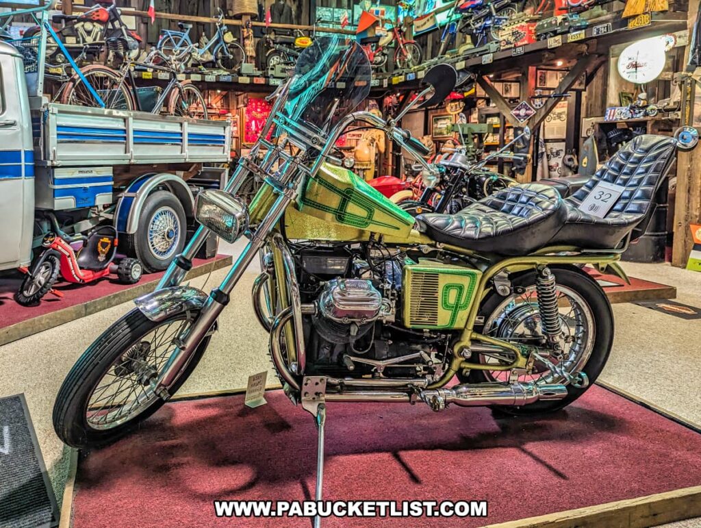 An elaborate custom Moto Guzzi motorcycle is on display at Bill's Old Bike Barn museum in Bloomsburg, Pennsylvania, featuring an eye-catching green and gold color scheme with a number 9 graphic. The bike, with its high-angled front fork and extended handlebars, typifies a classic chopper style. It sports a distinctive quilt-patterned seat, and is presented on a red carpet platform. Behind it, the eclectic museum backdrop includes bicycles hanging from the ceiling and a collection of vintage motorcycles and other memorabilia, emphasizing the museum's dedication to preserving and celebrating motorcycling heritage.