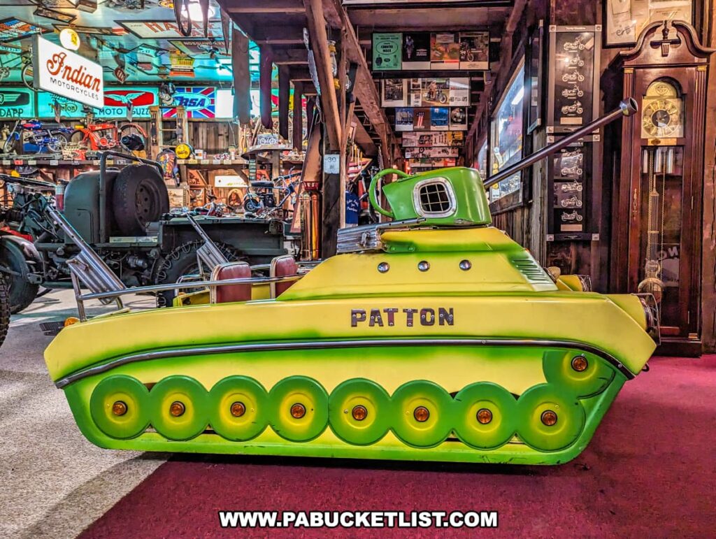A bright yellow Patton tank amusement park ride is displayed at Bill's Old Bike Barn museum in Bloomsburg, Pennsylvania. The vibrant tank, prominently featuring the word "PATTON" on its side, is set against a backdrop filled with an eclectic collection of vintage memorabilia. Classic motorcycles, neon signs from iconic brands like Indian Motorcycles, and various antique items create a rich tapestry of nostalgia. A grandfather clock and framed pictures adorn the wall to the right, while the tank itself sits on a red carpet, adding to the colorful and historic ambiance of the museum.