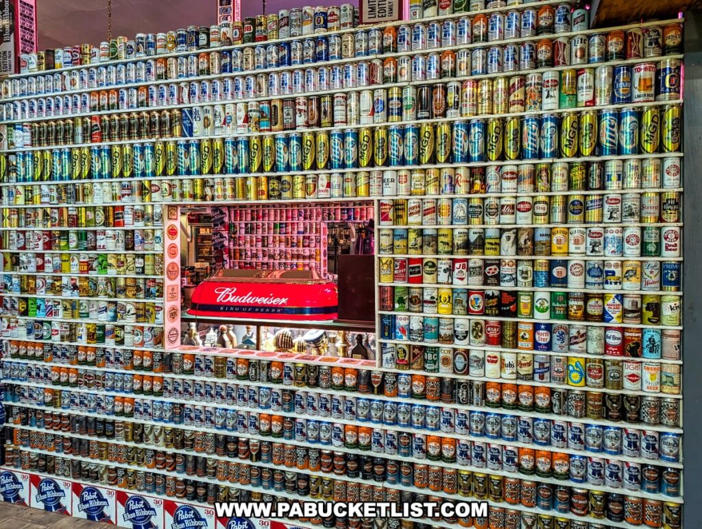 An extensive wall display of vintage beer cans at Bill's Old Bike Barn museum in Bloomsburg, Pennsylvania, showcases a vast collection of cans from various breweries, each with its own unique design and label. The collection is meticulously arranged in rows, creating a colorful tapestry of brewing history. A neon Budweiser sign adds a glowing centerpiece to the collection, highlighting the storied brand among the diverse assortment of beer memorabilia.