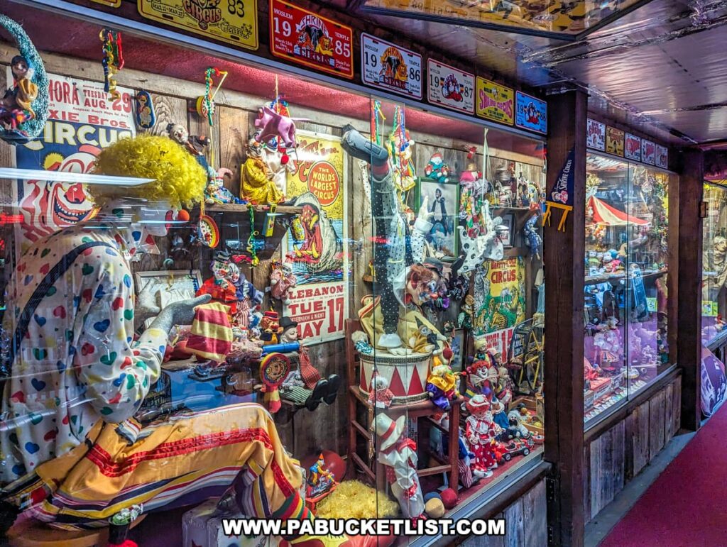 A colorful display case filled with vintage circus memorabilia at Bill's Old Bike Barn museum in Bloomsburg, Pennsylvania. The collection includes clown costumes and figurines, whimsical toys, and playful decorations. Above the display, the wall is covered with various circus-themed posters and old license plates, adding to the vibrant and nostalgic atmosphere of the exhibit. The showcase captures the joy and eccentricity of the circus, serving as a visual feast for visitors.