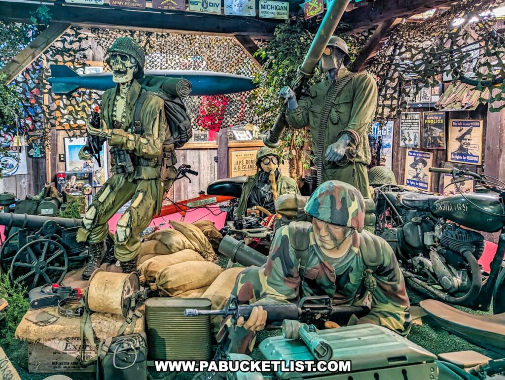A dynamic display of vintage military memorabilia at Bill's Old Bike Barn museum in Bloomsburg, Pennsylvania. Life-sized mannequins dressed in military gear, including a skeletal figure in combat attire, simulate an immersive wartime scene. The setup is complete with military motorcycles, sandbags, and various army equipment. Camouflage netting and historical military posters on the wall enhance the authenticity of the exhibit, paying homage to the military history and its artifacts.