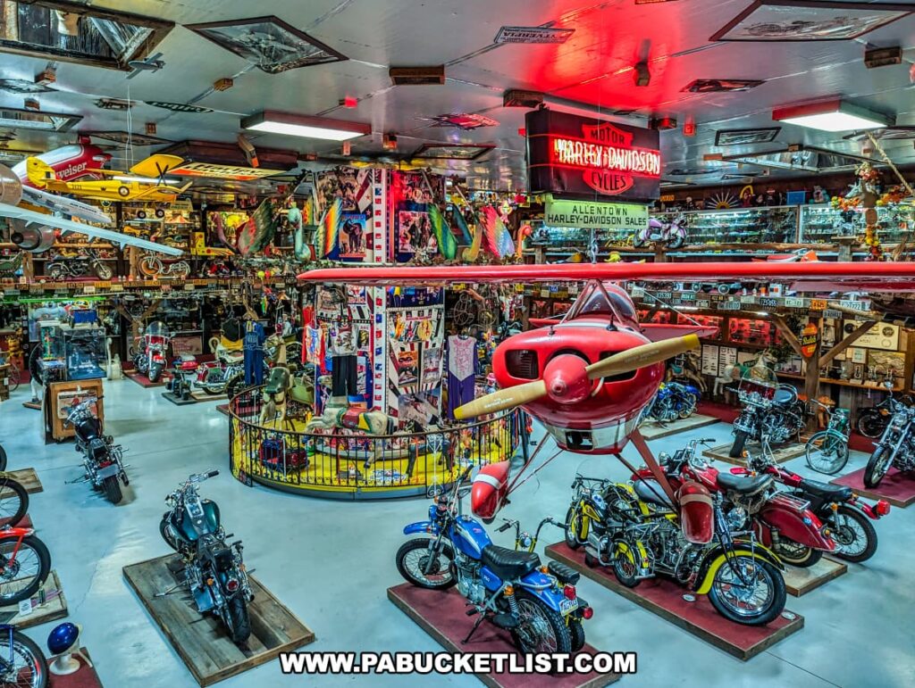 A wide-angle view of the interior of Bill's Old Bike Barn museum in Bloomsburg, Pennsylvania, showcasing a colorful and extensive collection of vintage model airplanes suspended from the ceiling and classic motorcycles displayed on the floor. The room is filled with an eclectic array of memorabilia, including neon signs, Harley-Davidson banners, and a variety of collectibles that create a visually rich environment, celebrating the spirit of American motor and aviation history.
