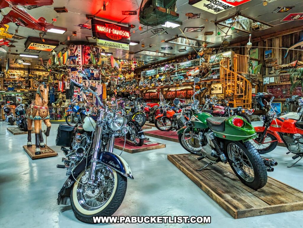 An image from Bill's Old Bike Barn museum in Bloomsburg, Pennsylvania, featuring a diverse collection of vintage motorcycles and carnival memorabilia. In the foreground, a classic motorcycle with a gleaming chrome finish is displayed on a wooden platform. Behind it, an array of motorcycles in various colors and styles can be seen. The room is densely decorated with neon signs, model planes, Americana, and a life-size carousel horse, all contributing to the museum's eclectic and historical ambiance.