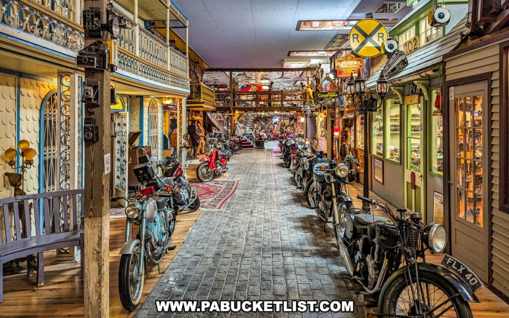 An atmospheric snapshot of the 'Main Street' exhibit within Bill's Old Bike Barn museum in Bloomsburg, Pennsylvania, lined with an array of vintage motorcycles parked along a cobbled street. The scene is reminiscent of an old town, complete with upper-level balconies, various storefronts, and street signs. The warm lighting and the diverse collection of motorcycles spanning different eras provide a nostalgic journey through motorcycle history.