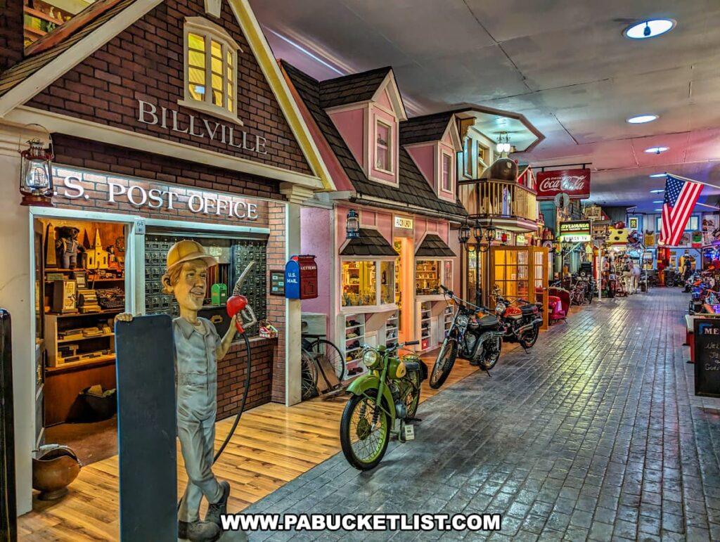 Inside Bill's Old Bike Barn museum in Bloomsburg, Pennsylvania, a charming indoor street scene named "Billville" features a quaint replica of an old-fashioned U.S. Post Office with a life-size figure of a mail carrier out front. Vintage memorabilia and antiques, including a variety of classic motorcycles, line the cobblestone-patterned walkway. Shop fronts with detailed facades enhance the nostalgic atmosphere. An American flag hangs prominently beside retro signs for Coca-Cola and other period-specific advertisements, contributing to the immersive historical experience of the exhibit.