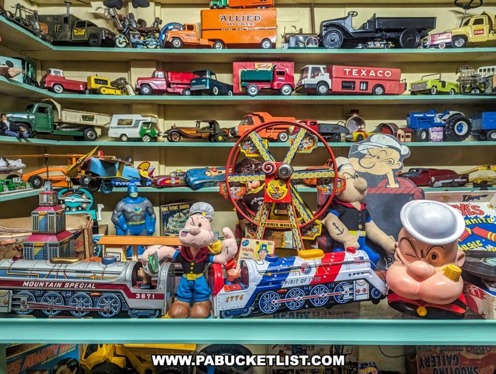 A colorful and playful assortment of vintage toys is on display at Bill's Old Bike Barn museum in Bloomsburg, Pennsylvania. The collection includes various model vehicles like trucks, cars, and tractors with brand names like Texaco and Ford lined up neatly on shelves. In the foreground, classic cartoon character figurines, including a large Popeye and Olive Oyl, stand beside a model train labeled "Mountain Special" and a toy Ferris wheel. Behind these are more nostalgic items like a Batman action figure, boats, airplanes, and a vibrant "Spirit of 1776" train. This diverse and cheerful exhibit showcases a delightful slice of Americana, celebrating childhood memories and vintage collectibles.