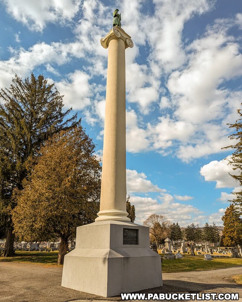View from the base of the PA Capitol Column war memorial at Jersey Shore Cemetery in Lycoming County, Pennsylvania.