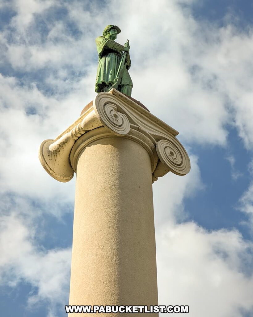 Close-up view of the soldier on top of the PA Capitol Column war memorial at Jersey Shore Cemetery in Lycoming County, Pennsylvania.