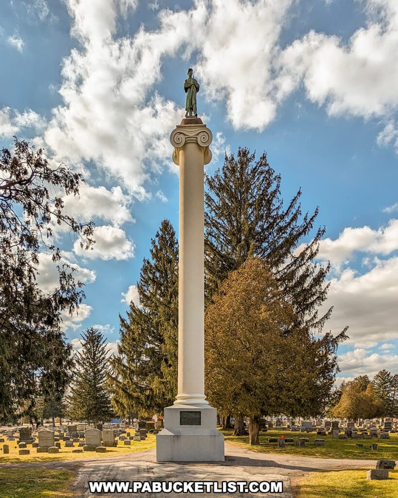 View from the front of the PA Capitol Column war memorial at Jersey Shore Cemetery in Lycoming County, Pennsylvania.