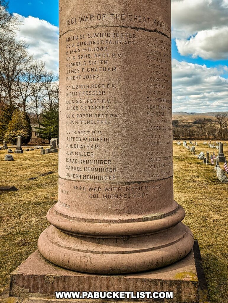 Text inscribed on the PA Capitol Column war memorial at Linnwood Cemetery in Clinton County. The text lists dozens of local soldiers who fought in the 1861 War of the Great Rebellion, better known today as the American Civil War.