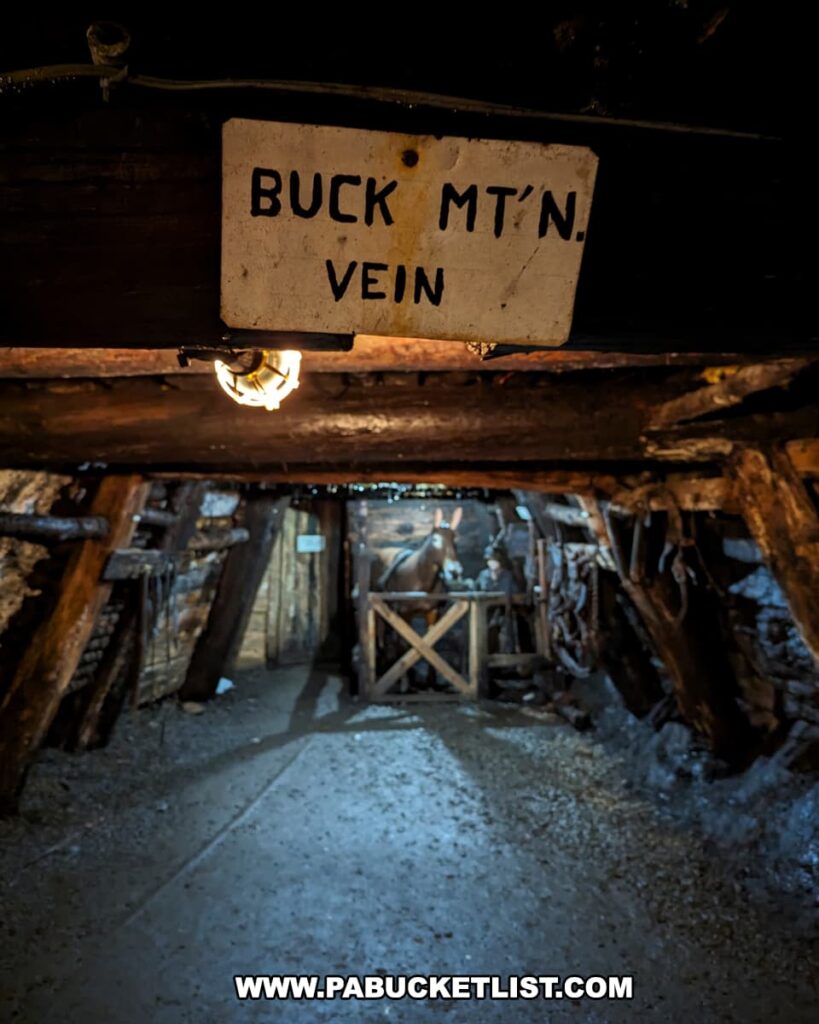A dimly lit mine shaft, labeled "Buck Mtn. Vein," plunges into the earth at Pioneer Tunnel coal mine near Centralia, Pennsylvania. Wooden beams support the tunnel, showing signs of age and the strenuous work once performed here. An antique light illuminates the path, casting a warm glow that reflects off the damp walls, highlighting tools and remnants of a mining era long passed. The image captures the essence of Centralia's legacy, where the aftermath of a decades-long underground coal mine fire has led to the town's haunting abandonment.